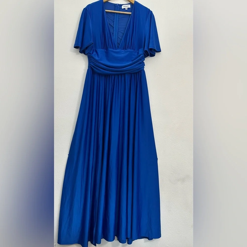 Royal Blue Satin Maxi Gown with Plunge Neckline and Dolman Sleeves - Picture 8 of 16